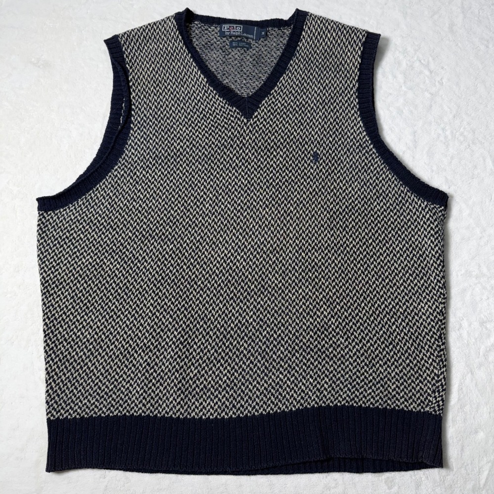 VTG Polo Ralph Lauren Linen Cotton V Neck Sweater Vest Size M Navy Old Money